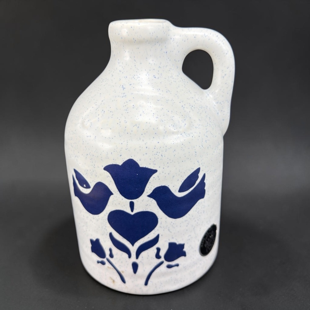 Harris Potteries Chicago Blue White‎ Birds Heart Tulip Stoneware Whiskey Jug 9in